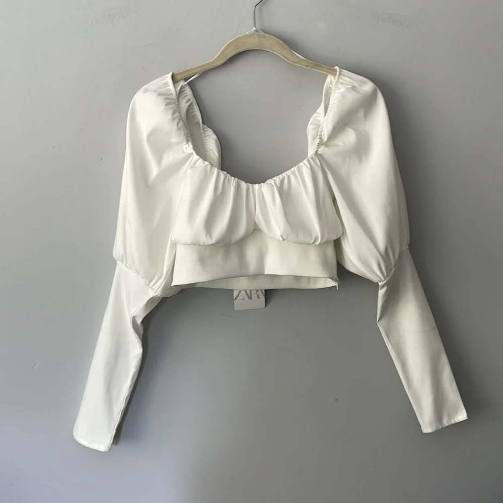 Zara White Puff Sleeve Crop Top Blouse